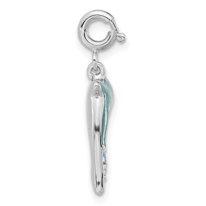 Sterlingsilber Blau Emailliert & Zirkonia Delfin mit Federring Verschluss Charm