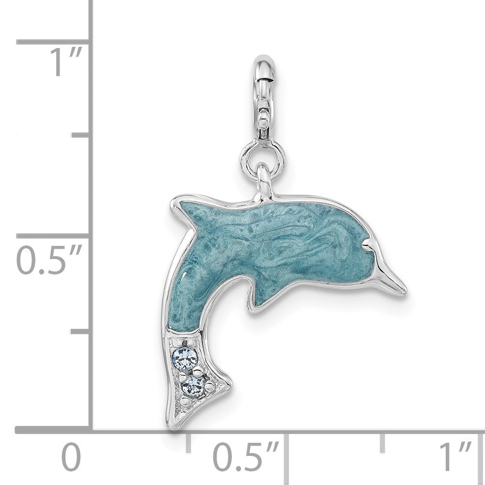 Sterlingsilber Blau Emailliert & Zirkonia Delfin mit Federring Verschluss Charm