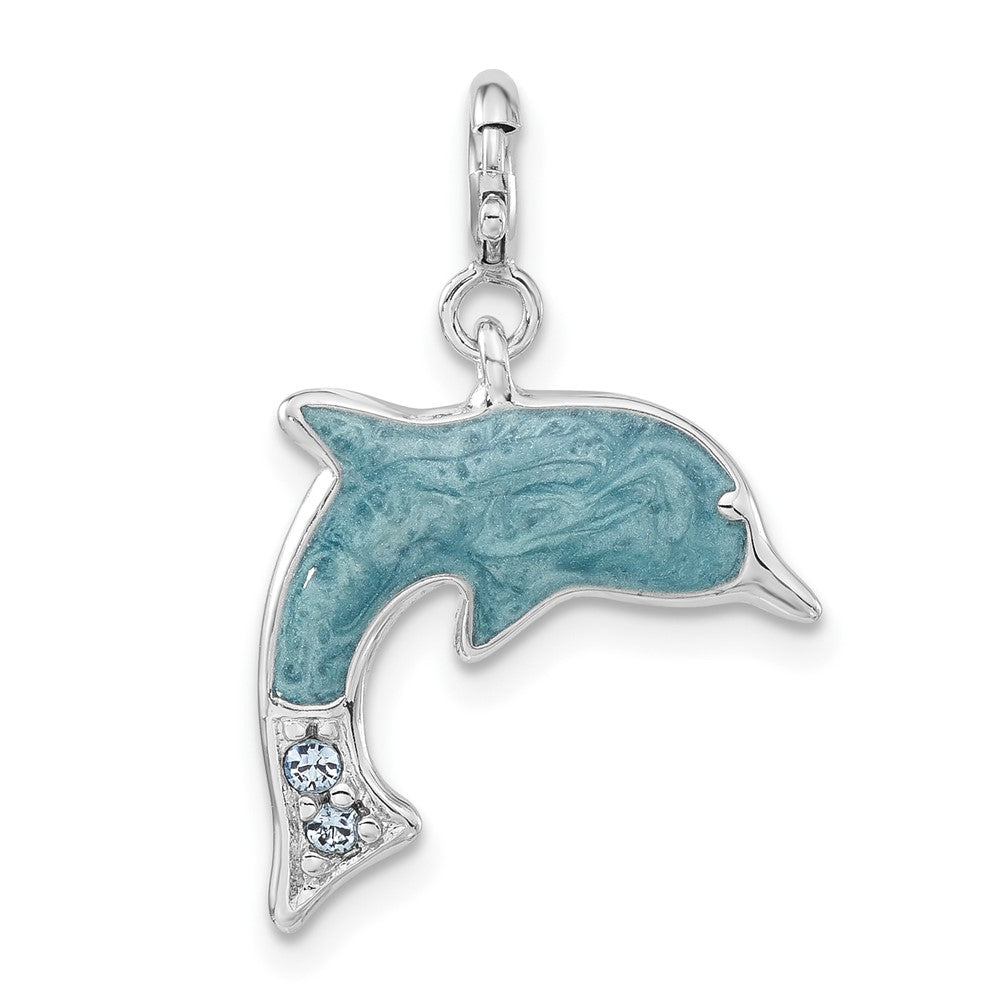 Sterlingsilber Blau Emailliert & Zirkonia Delfin mit Federring Verschluss Charm