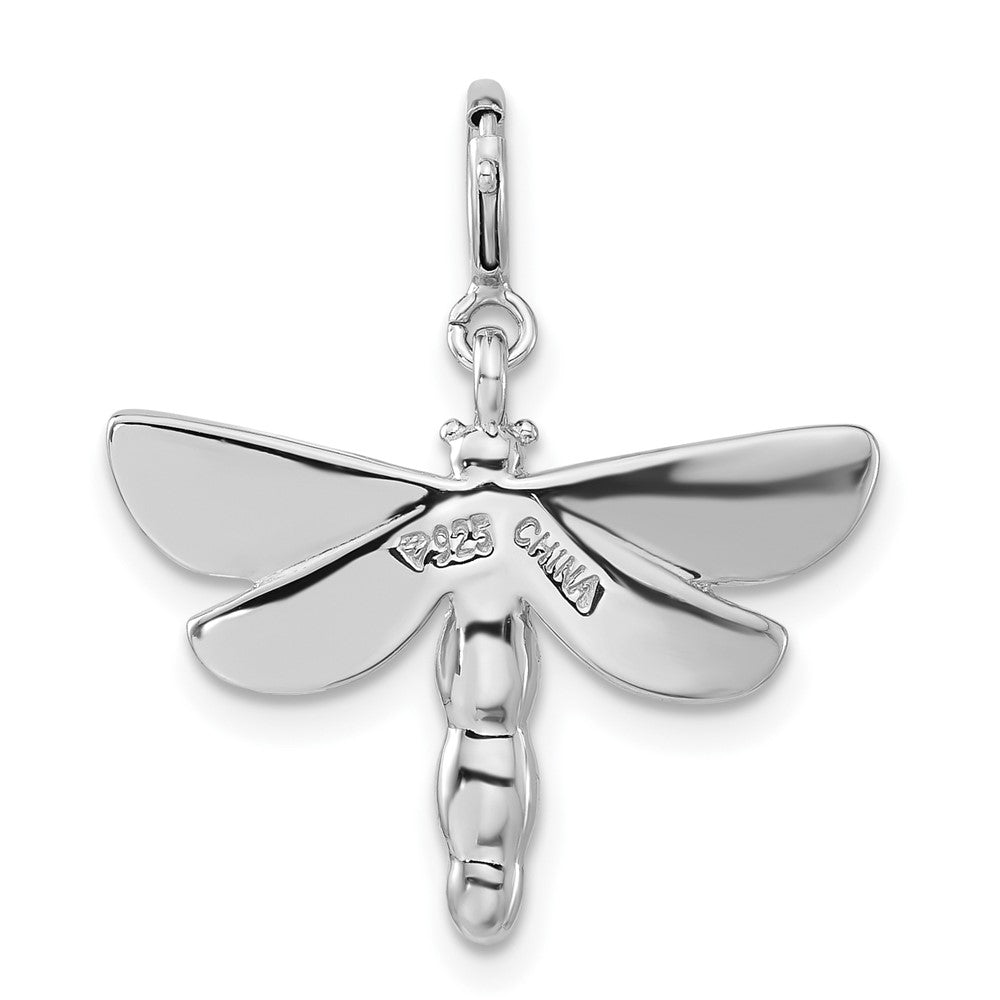 Sterlingsilber Rhodiniert Poliert Grün Zirkonia & Emailliert Libelle mit Federring Verschluss Charm