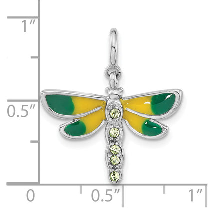 Sterlingsilber Rhodiniert Poliert Grün Zirkonia & Emailliert Libelle mit Federring Verschluss Charm