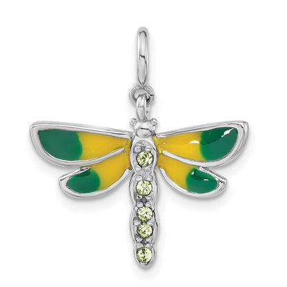 Sterlingsilber Rhodiniert Poliert Grün Zirkonia & Emailliert Libelle mit Federring Verschluss Charm