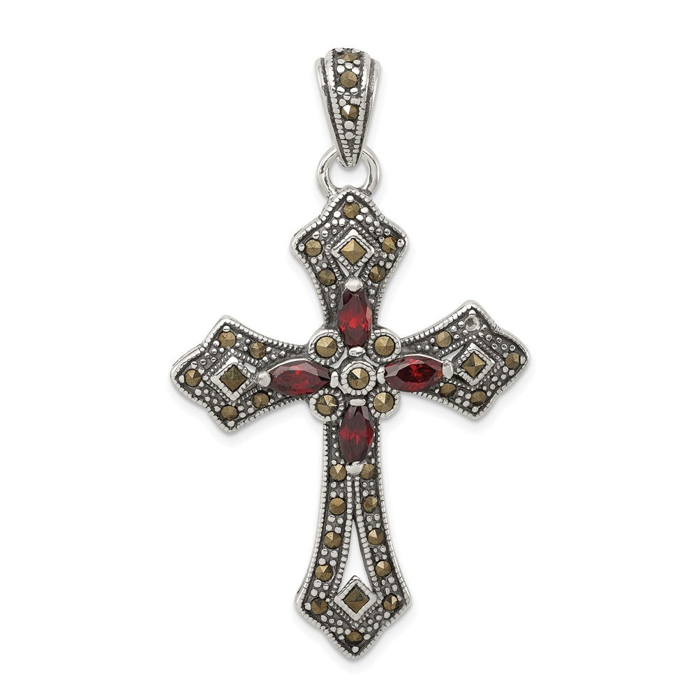 Sterlingsilber Antikisiert Rot Marquise Zirkonia Markasit Kreuz Anhänger