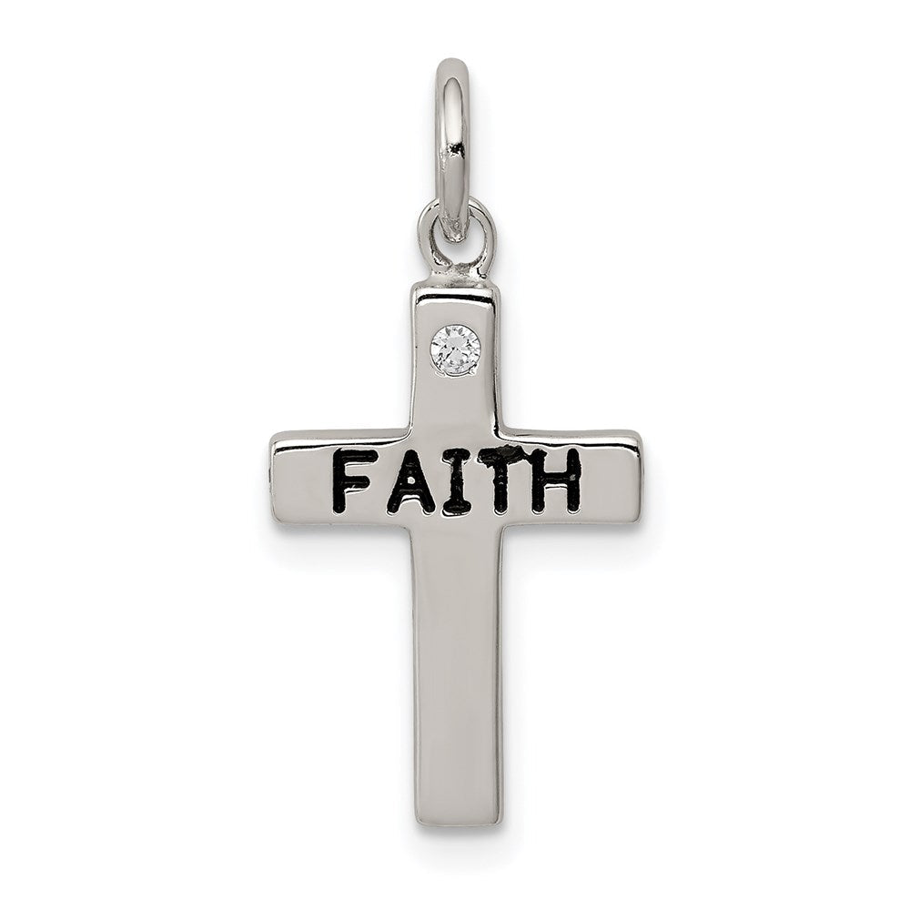 Sterlingsilber Rhodiniert Schwarz Ink Glaube und Zirkonia Antikisiert Kreuz Charm