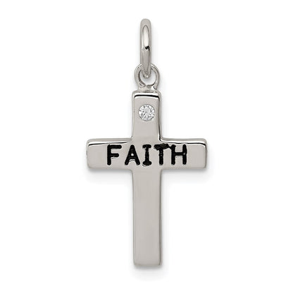 Sterlingsilber Rhodiniert Schwarz Ink Glaube und Zirkonia Antikisiert Kreuz Charm