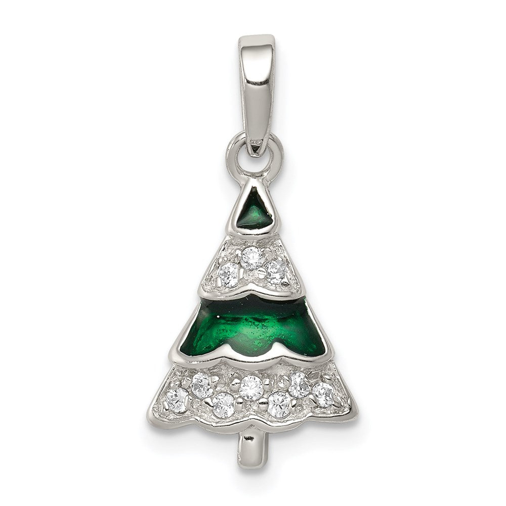 Sterlingsilber Rhodiniert Zirkonia und Emailliert Weihnachten Baum Anhänger