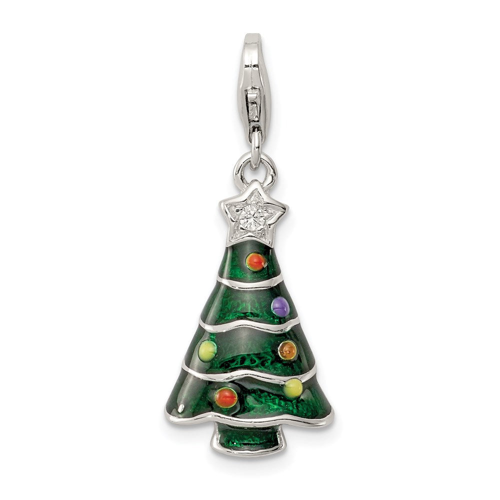 Sterlingsilber Rhodiniert Zirkonia & Emailliert Weihnachten Baum Charm