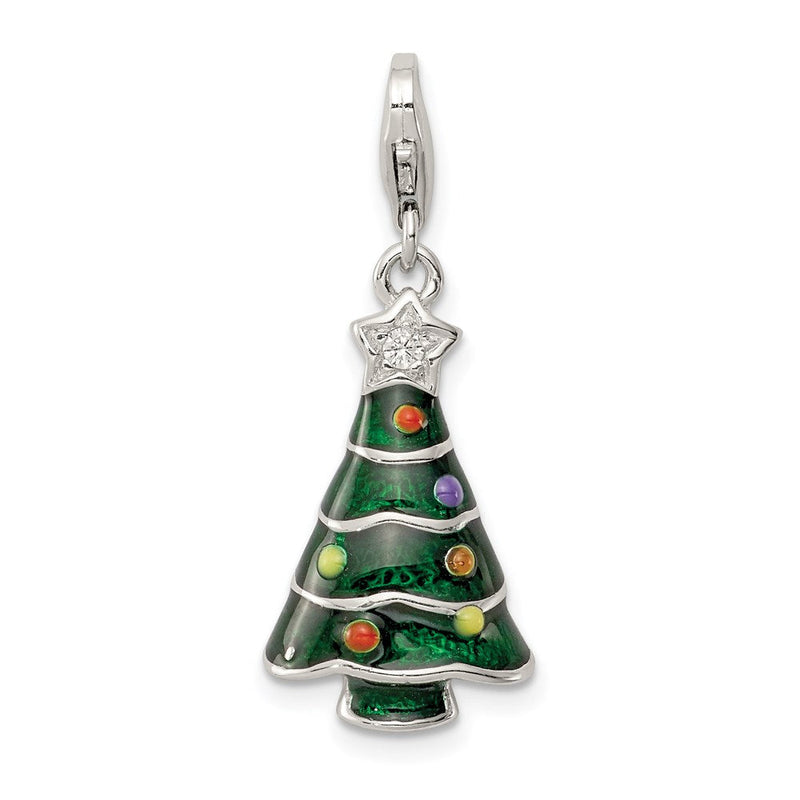 Sterlingsilber Rhodiniert Zirkonia & Emailliert Weihnachten Baum Charm