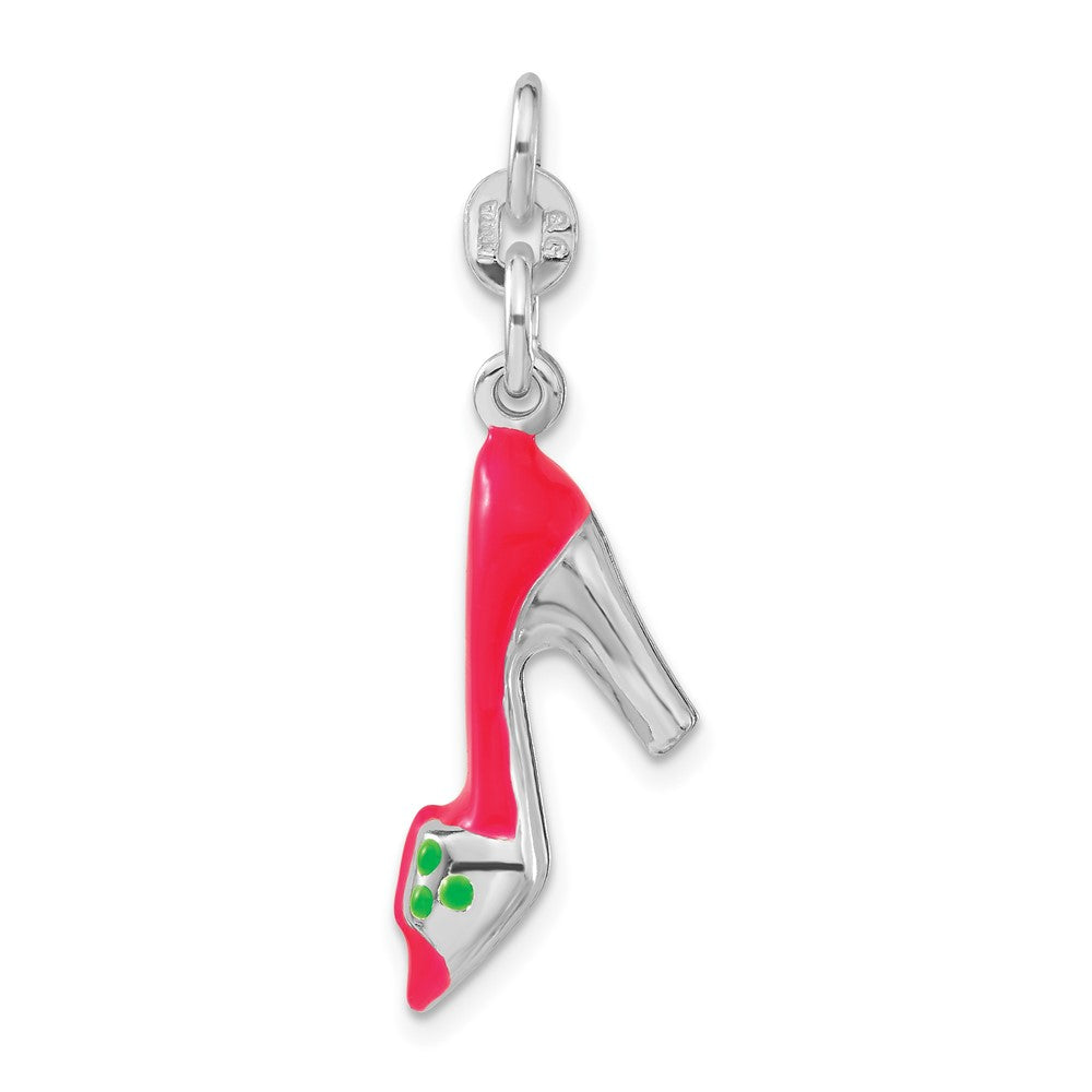 Sterlingsilber 3-d Poliert Rosa & Grün Emailliert Hoch Heel Charm