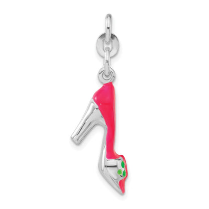 Sterlingsilber 3-d Poliert Rosa & Grün Emailliert Hoch Heel Charm