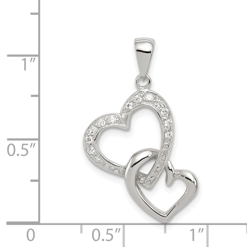 Sterlingsilber Rhodiniert Poliert Herz und Zirkonia Doppelt Interconnected Anhänger
