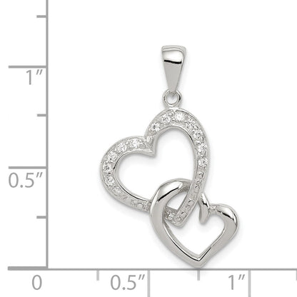 Sterlingsilber Rhodiniert Poliert Herz und Zirkonia Doppelt Interconnected Anhänger