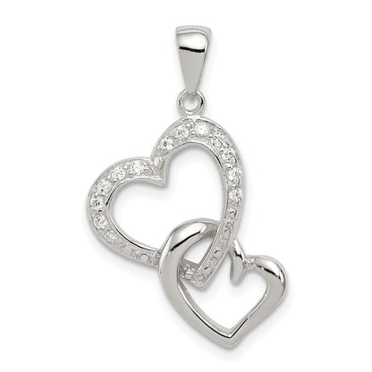 Sterlingsilber Rhodiniert Poliert Herz und Zirkonia Doppelt Interconnected Anhänger