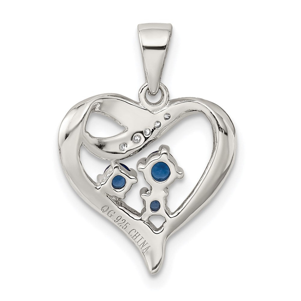 Sterlingsilber Rhodiniert Blau Glas und Klar Zirkonia Herz Anhänger