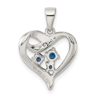 Sterlingsilber Rhodiniert Blau Glas und Klar Zirkonia Herz Anhänger