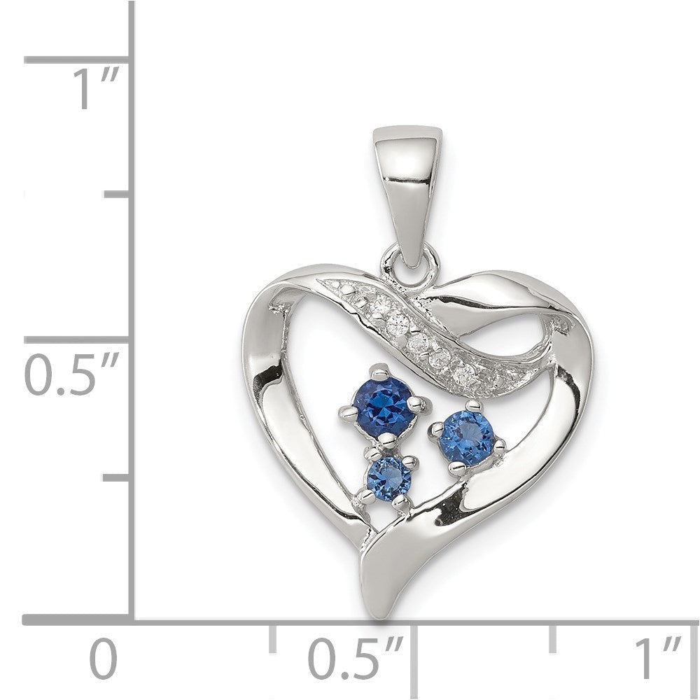 Sterlingsilber Rhodiniert Blau Glas und Klar Zirkonia Herz Anhänger