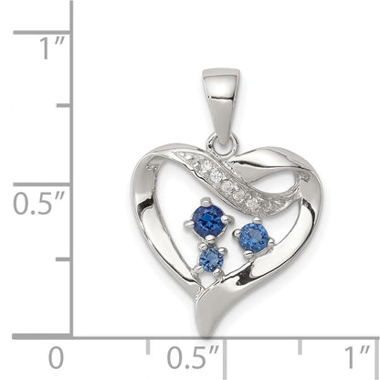 Sterlingsilber Rhodiniert Blau Glas und Klar Zirkonia Herz Anhänger