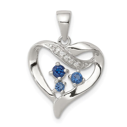 Sterlingsilber Rhodiniert Blau Glas und Klar Zirkonia Herz Anhänger