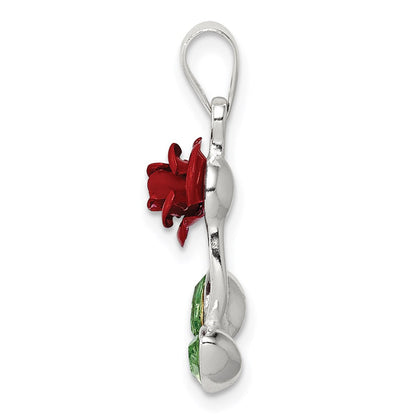 Sterlingsilber Rot Emaille mit Grün Zirkonia Rose Charm