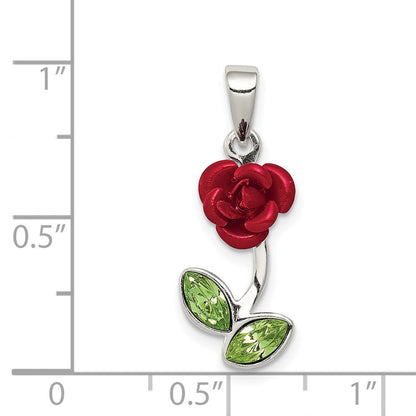 Sterlingsilber Rot Emaille mit Grün Zirkonia Rose Charm