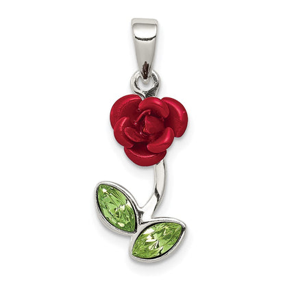 Sterlingsilber Rot Emaille mit Grün Zirkonia Rose Charm