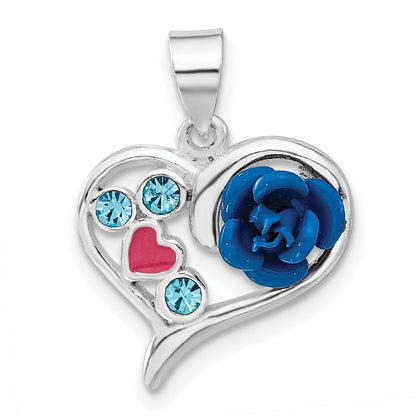 Sterlingsilber Poliert Emailliert & Blau Zirkonia Rose Herz Anhänger