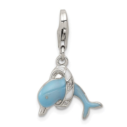 Sterlingsilber Rhodiniert Emailliert Delfin mit Karabinerverschluss Charm