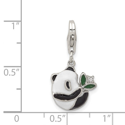 Sterlingsilber Rhodiniert Zirkonia Emaille Panda Charm mit Karabinerverschluss