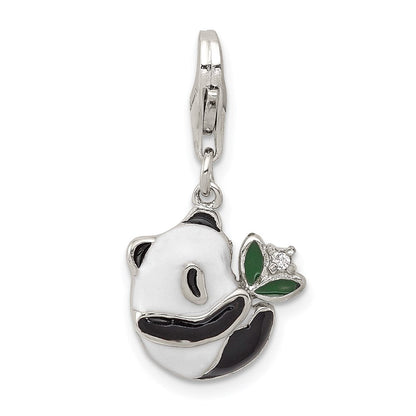 Sterlingsilber Rhodiniert Zirkonia Emaille Panda Charm mit Karabinerverschluss