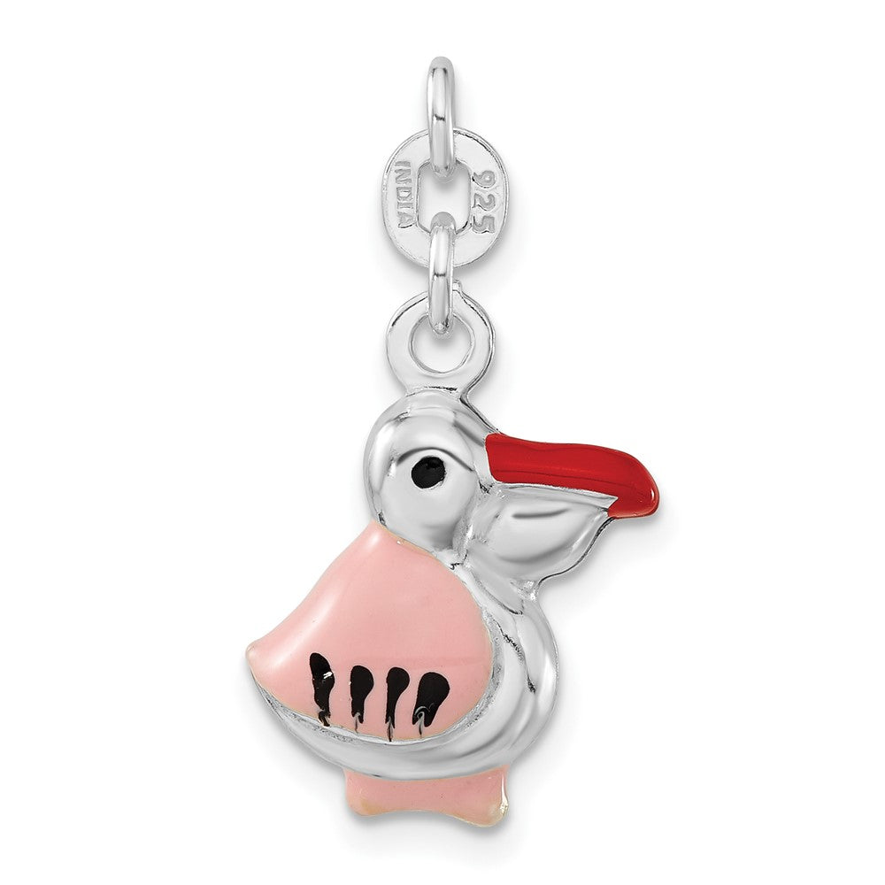 Sterlingsilber 3-d Poliert Rosa Rot & Schwarz Emailliert Pelican Charm