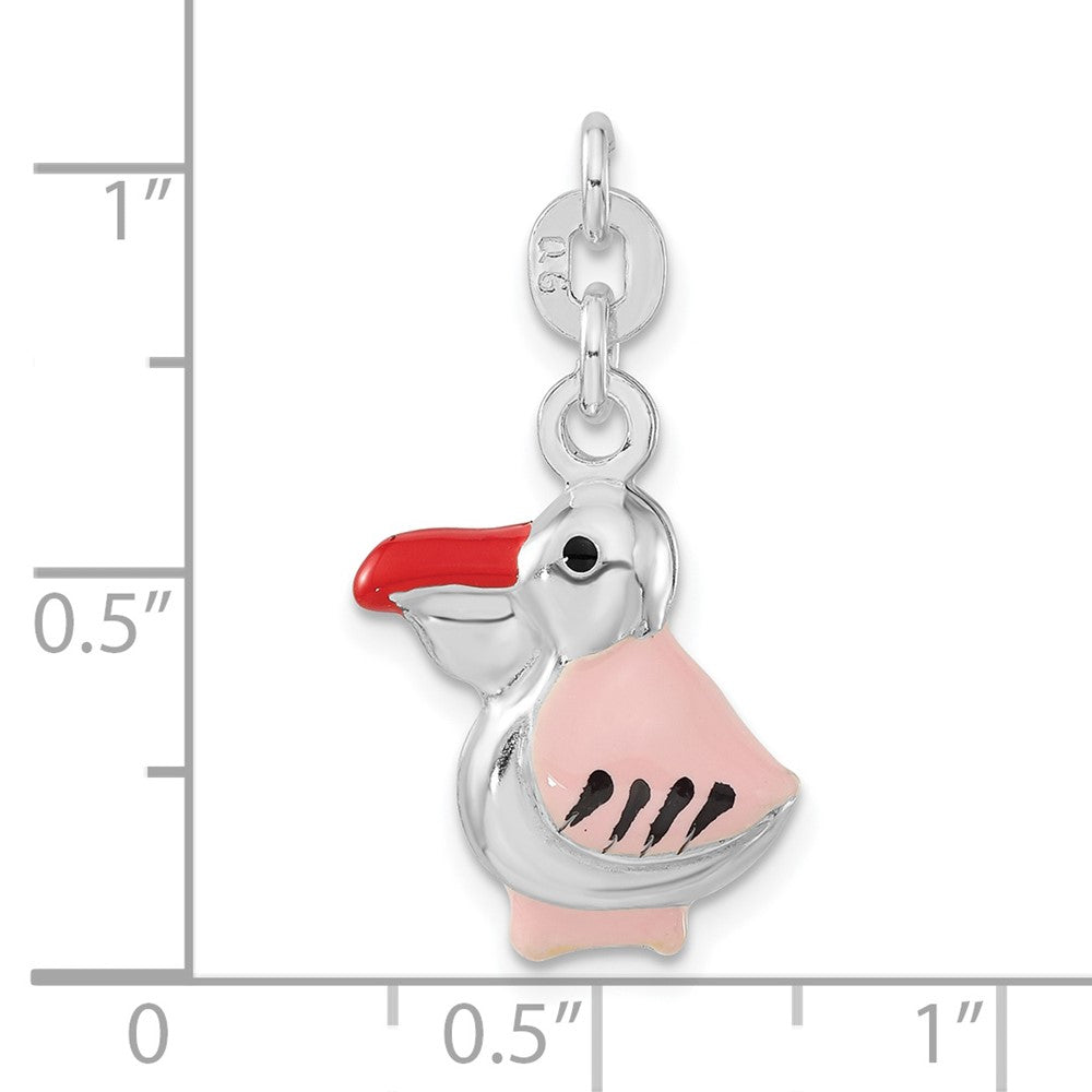 Sterlingsilber 3-d Poliert Rosa Rot & Schwarz Emailliert Pelican Charm