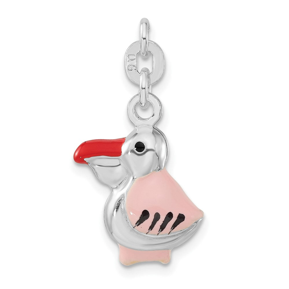 Sterlingsilber 3-d Poliert Rosa Rot & Schwarz Emailliert Pelican Charm