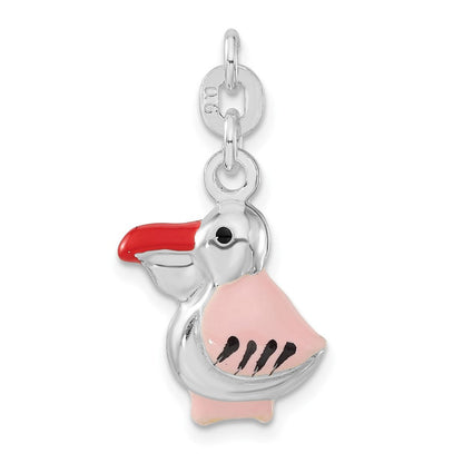 Sterlingsilber 3-d Poliert Rosa Rot & Schwarz Emailliert Pelican Charm