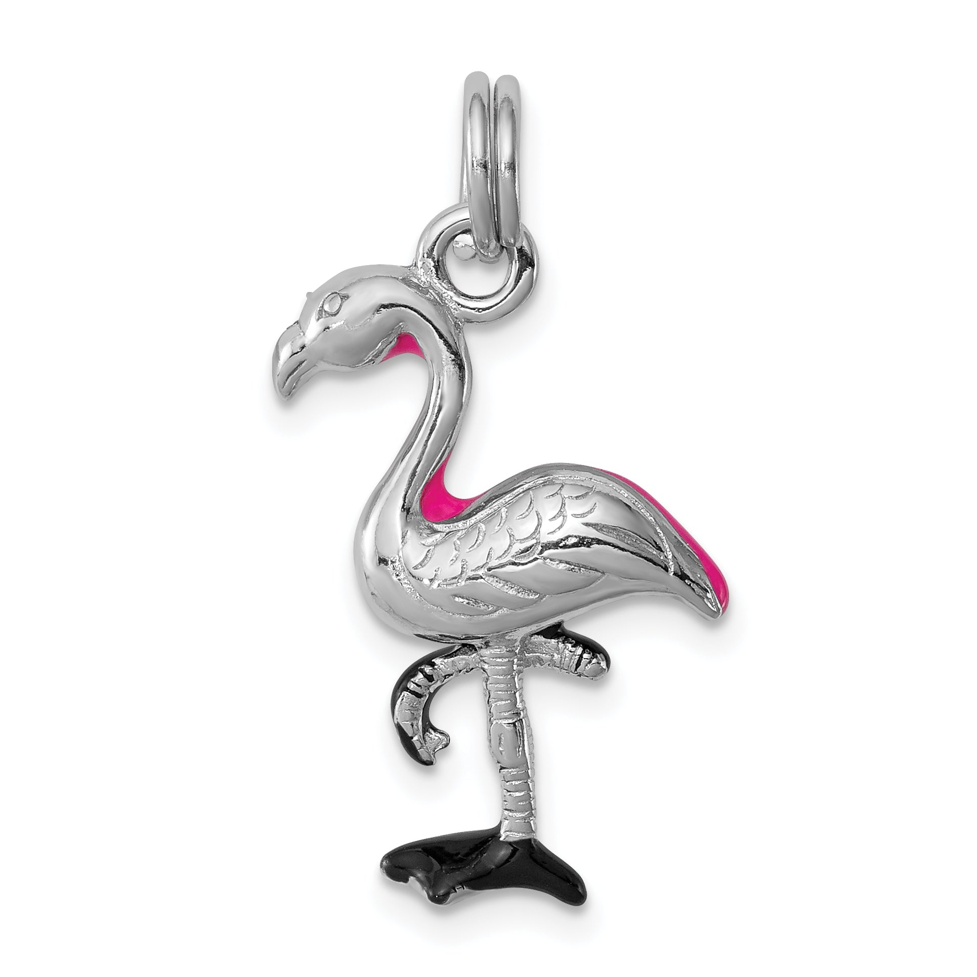 Sterlingsilber Rhodiniert Hot Rosa & Schwarz Emailliert Flamingo Charm