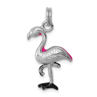 Sterlingsilber Rhodiniert Hot Rosa & Schwarz Emailliert Flamingo Charm