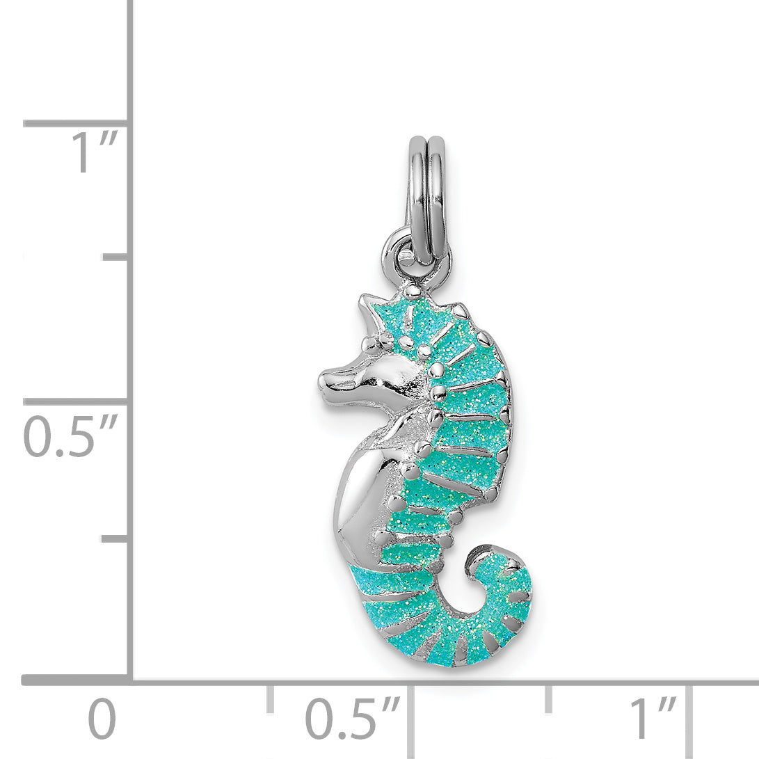Sterlingsilber Rhodiniert Grün Glitzer Emaille Seepferdchen Charm