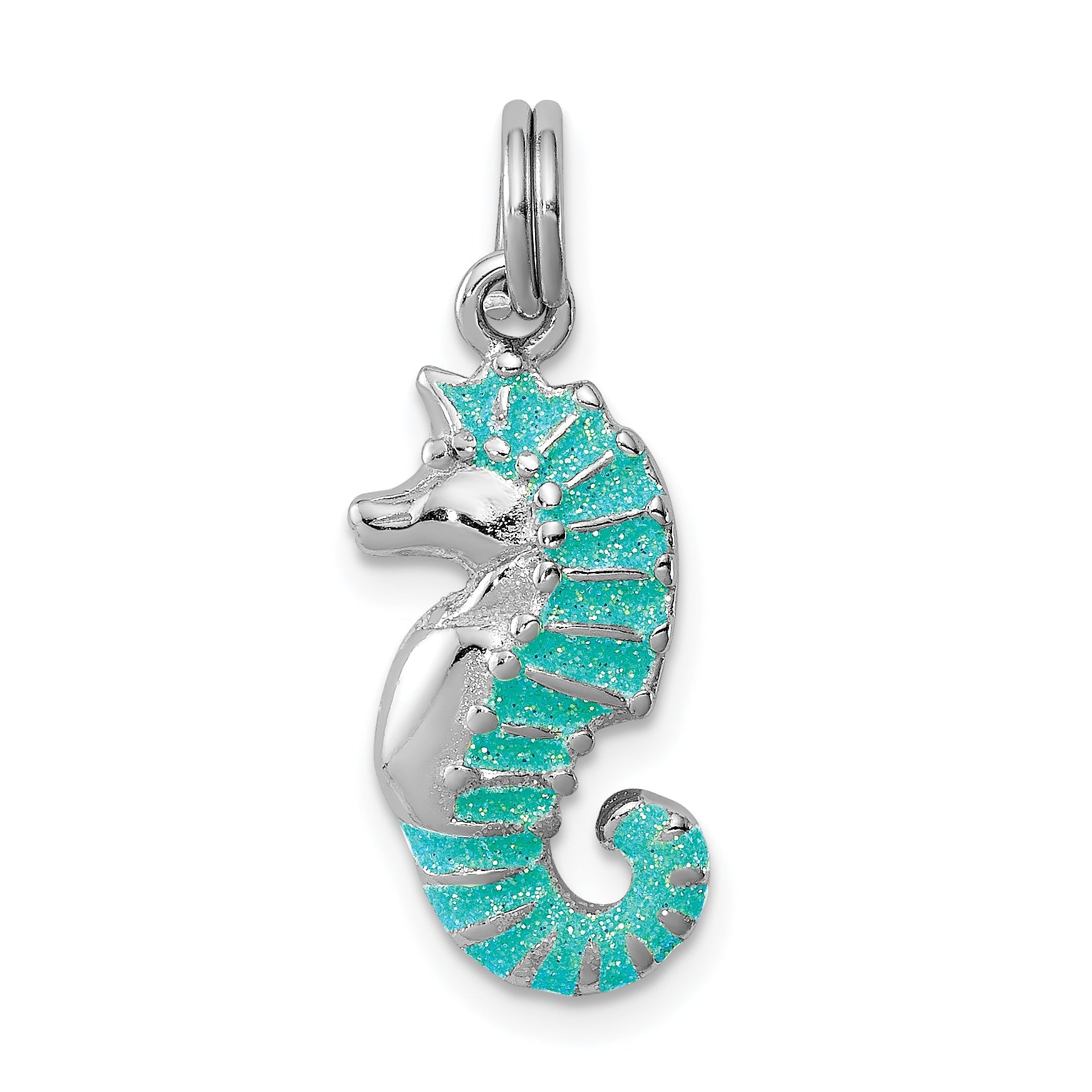 Sterlingsilber Rhodiniert Grün Glitzer Emaille Seepferdchen Charm