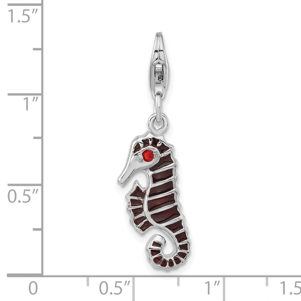 Sterlingsilber Poliert Rot Zirkonia & Emaille Seepferdchen mit Karabinerverschluss Charm