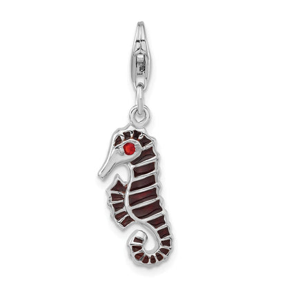 Sterlingsilber Poliert Rot Zirkonia & Emaille Seepferdchen mit Karabinerverschluss Charm