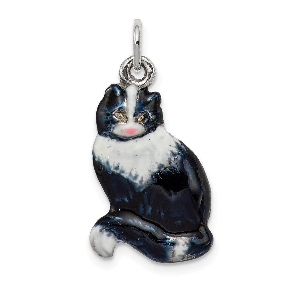 Sterlingsilber Emaille Schwarz & Weiß Katze Charm