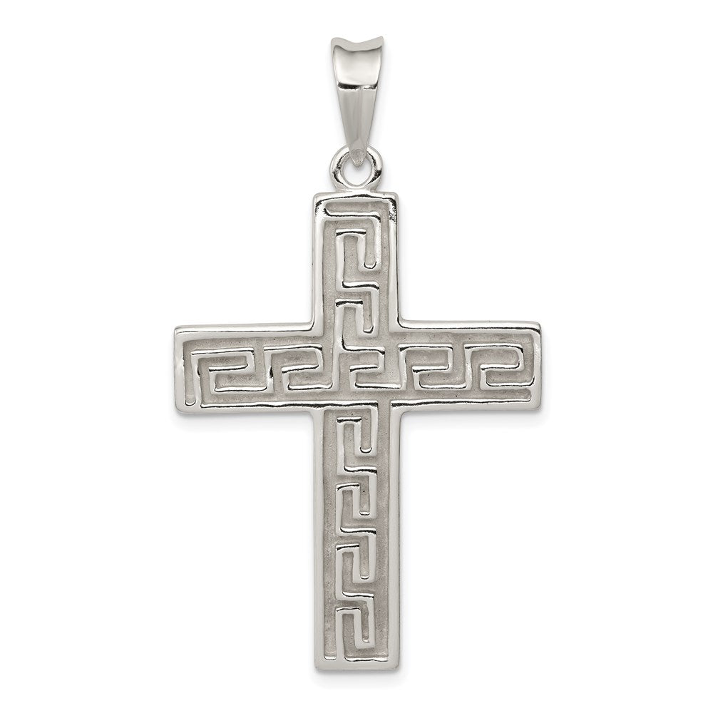 Sterlingsilber Poliert & Strukturiert Greek Key Kreuz Anhänger
