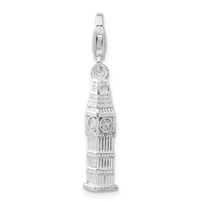 Sterlingsilber 3-d Poliert Clock Tower mit Fantasie Karabinerverschluss Charm