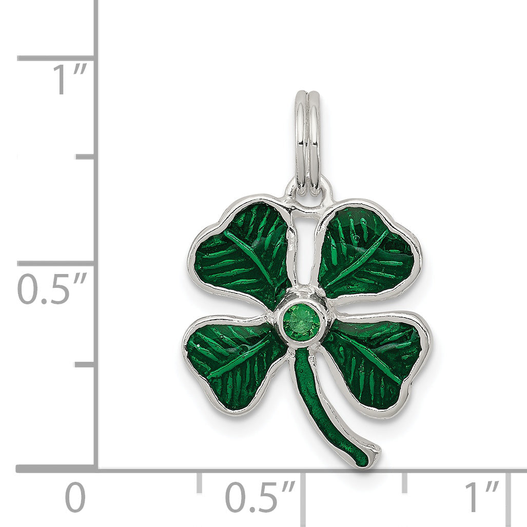 Sterlingsilber Emailliert 4-leaf Klee mit Grün Glas Stein Charm