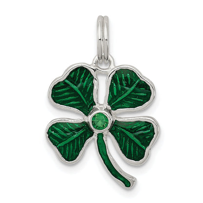 Sterlingsilber Emailliert 4-leaf Klee mit Grün Glas Stein Charm