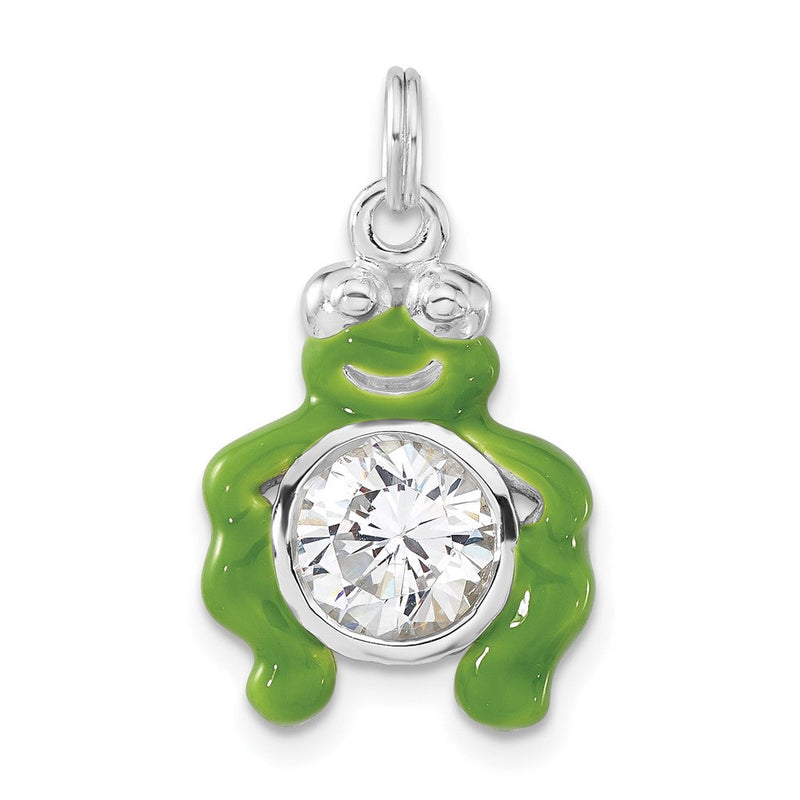 Sterlingsilber Poliert Zirkonia Grün Emailliert Frosch Charm