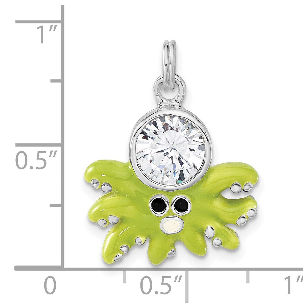 Sterlingsilber Poliert Zirkonia Grün Emailliert Octopus Charm