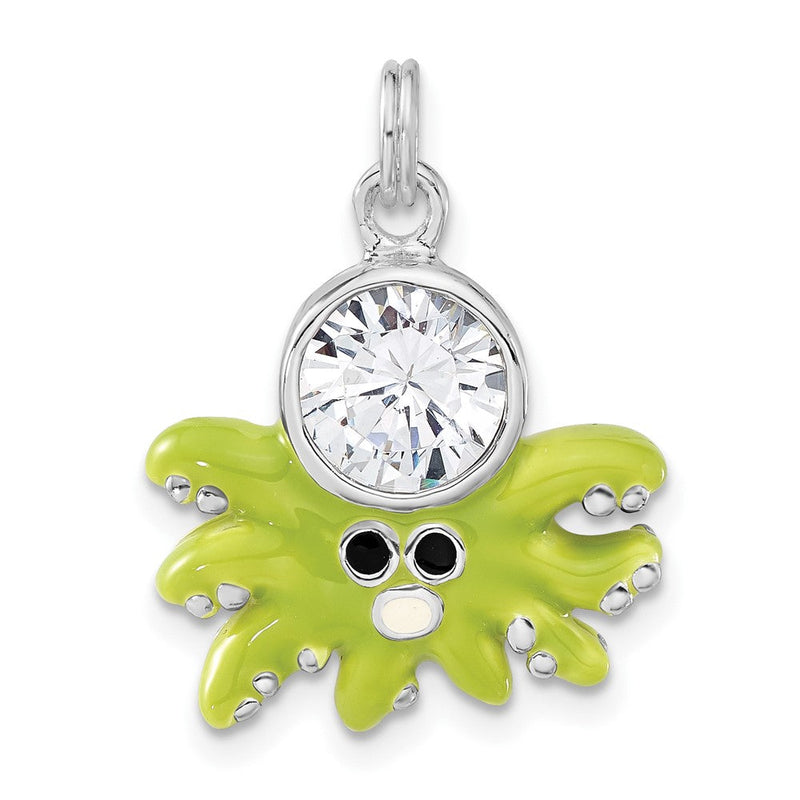 Sterlingsilber Poliert Zirkonia Grün Emailliert Octopus Charm