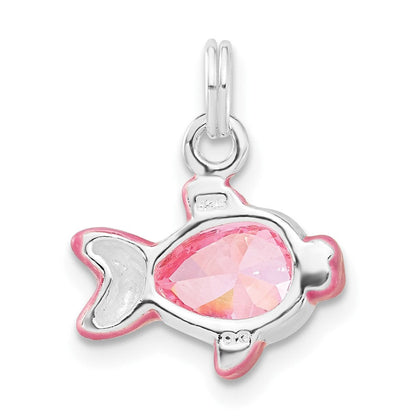 Sterlingsilber Poliert Zirkonia Rosa Emailliert Fisch Charm