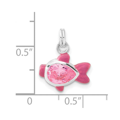 Sterlingsilber Poliert Zirkonia Rosa Emailliert Fisch Charm