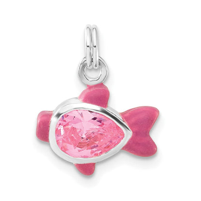 Sterlingsilber Poliert Zirkonia Rosa Emailliert Fisch Charm